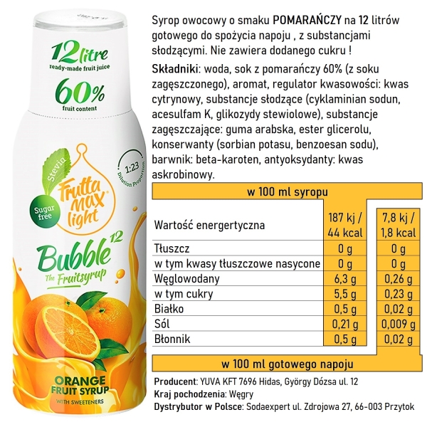 Syrop FruttaMax POMARAŃCZA LIGHT 500ml na 12 litrów